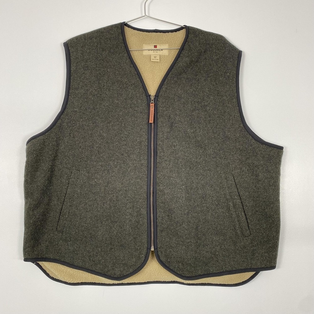 Woolrich Vest Mens 2XL Green Wool Tweed Sherpa Lined Full Zip Outdoor Workwear